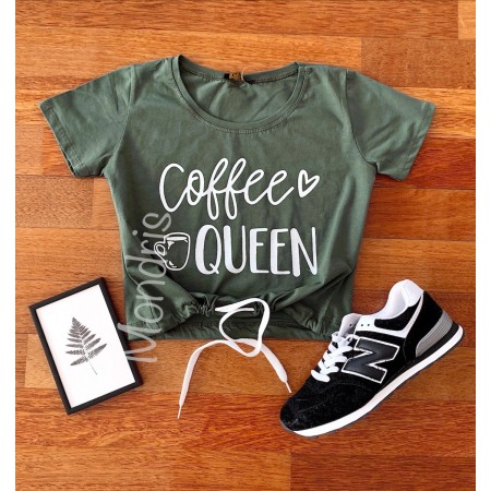 Tricou dama ieftin din bumbac khaki cu imprimeu Coffee Queen